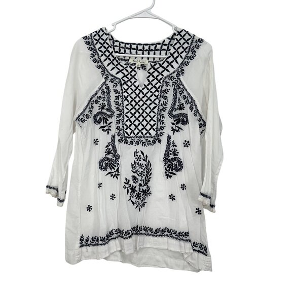 Solitaire White & Black Embroidered Cotton Semi Sheer Tunic Top Women Size L - Picture 1 of 9